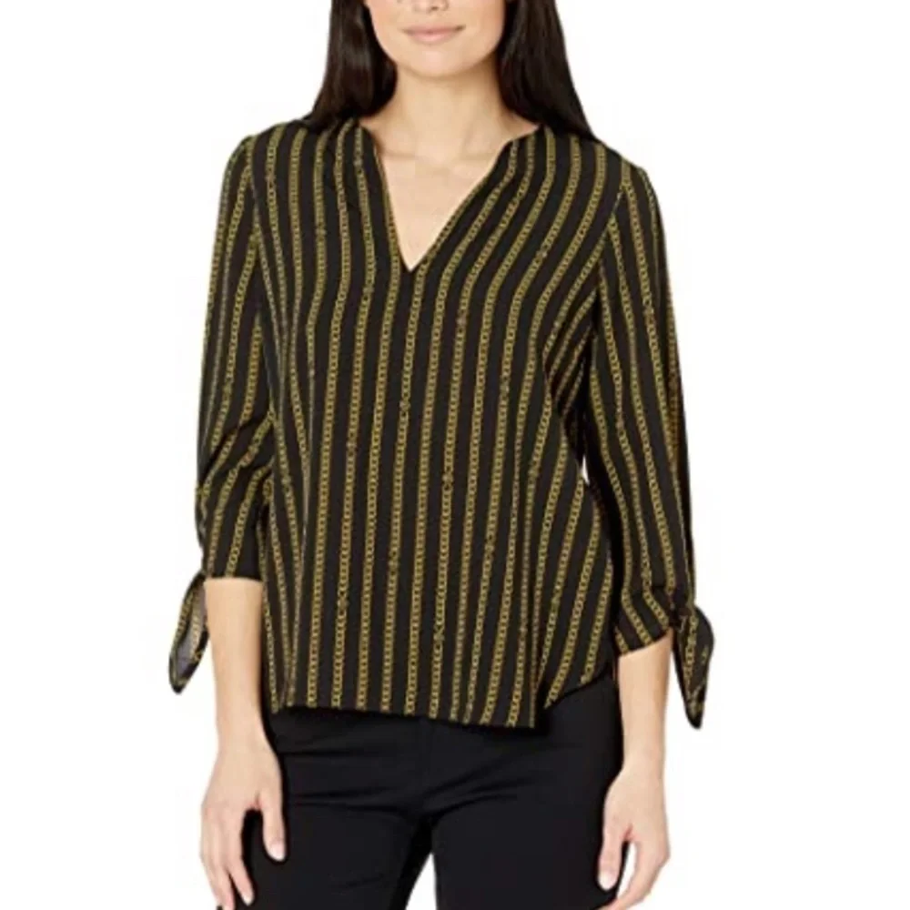 Michael Kors Black Gold Chain Stripe v neck knot blouse small new with tags
